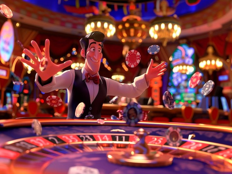 Close-up view of European roulette wheel with ball mid-spin and dealer handling the croupier's rake